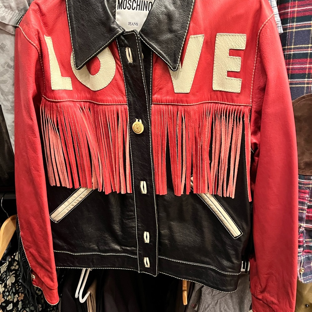 90s Vintage Moschino Leather Jacket Love Fringe Heart Red